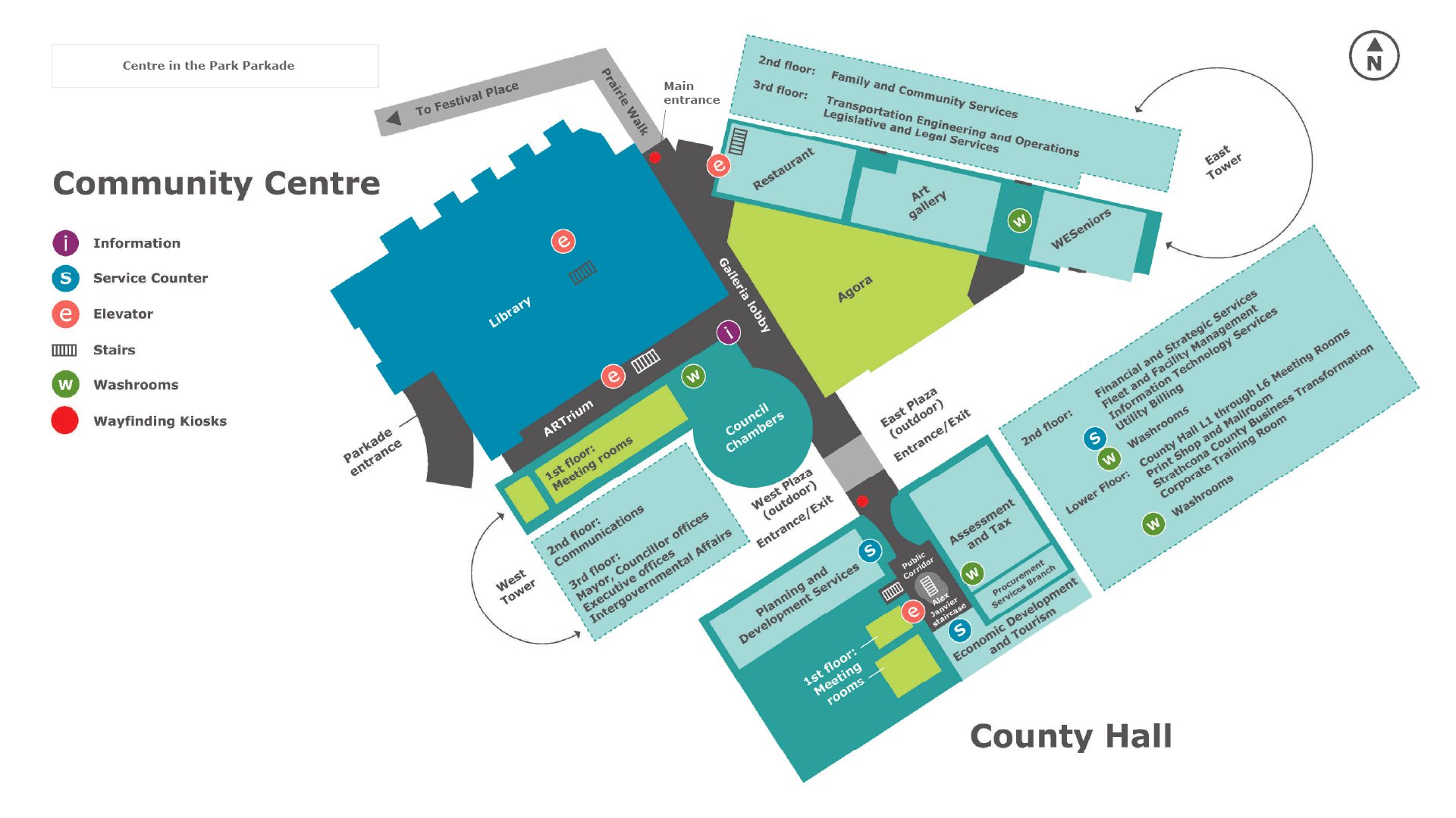 Map indicating main entrance by the Library and Prairie Walk, the connection between the two buildings with the secondary entrances at East and West Plazas.