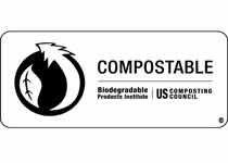 Image of the certified compostable logo. It's a black circle with a leaf and a tree that looks like an arrow, to the left are the words Compostable.