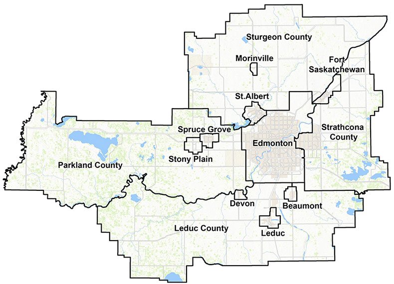 Map showing Parkland County, Stony Plain, Spruce Grove, Saint Albert, Morinville, Sturgeon County, Fort Saskatchewan, Strathcona County, Edmonton, Beaumont, Devon, Leduc and Leduc CountyEdmonton