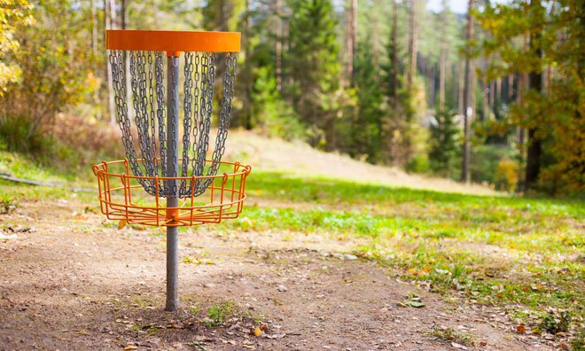 disc golf hole / net located in a forest setting