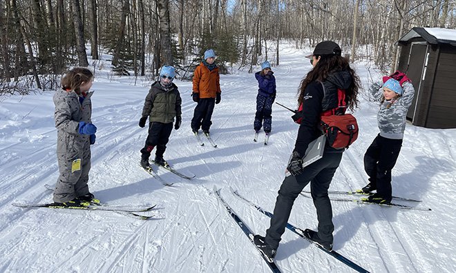 Jack Rabbit Level 1 kids cross country skiing program on winter trails at Strathcona Wilderness Centre