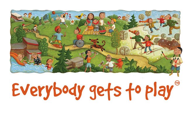 Illustration of kids and adults playing outdoors