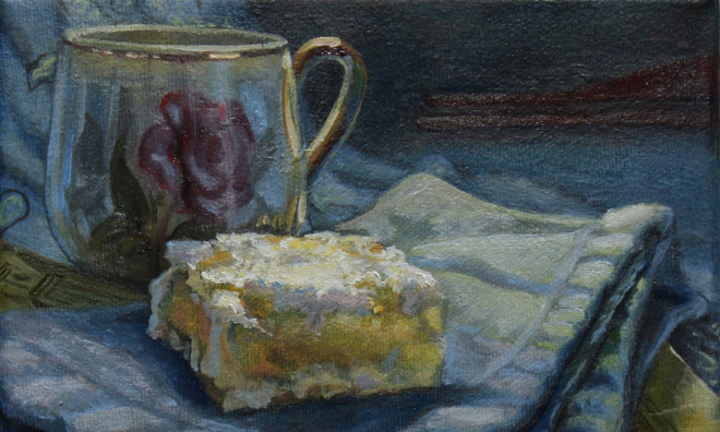 Oil painting of a lemon square and tea cup