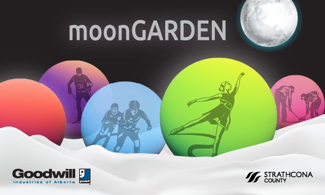 Artist depiction of moonGARDEN, with five globes in red, purple, blue, green and pink and silhouetted drawings of athletes within them.