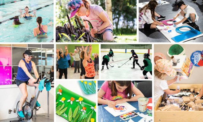 An assortment of programs are shown in a collage. This includes skating, swimming, skiing, glass art and a spin class instructor.