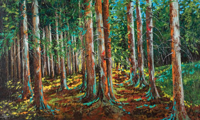 Painting of a dense, colourful, coniferous forest, with highlights of light in orange and teal.