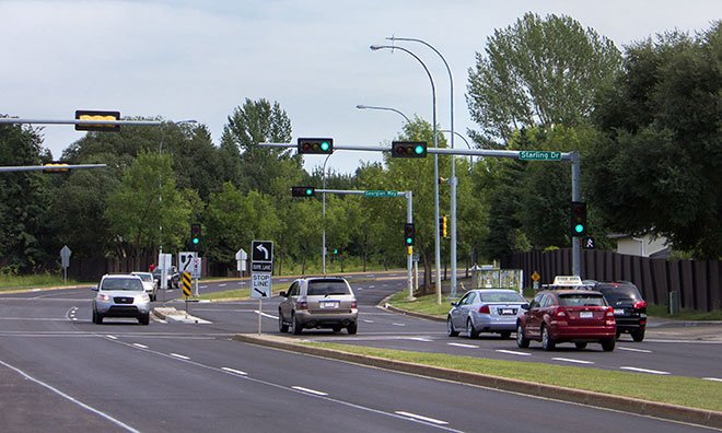Image of traffic signals along arterial road in Sherwood Park