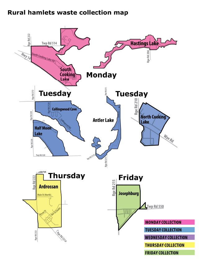 Map of rural hamlets. South Cooking Lake and Hasting Lake are collected Monday. Half Moon Lake, Collingwood Cove, Antler Lake and North Cooking Lake are collected Tuesday. Ardrossan is collected on Thursday and Josephburg is collected on Friday.