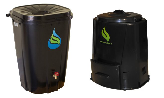 Image of a black rain barrel and a black composter on a white background.