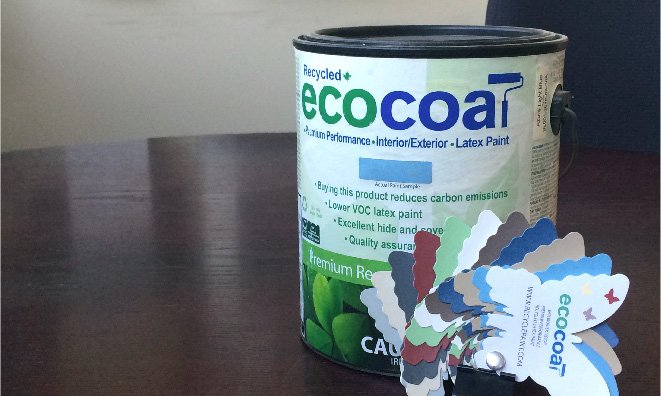 Image of a can of eco coat paint with a selection of colour swatches.