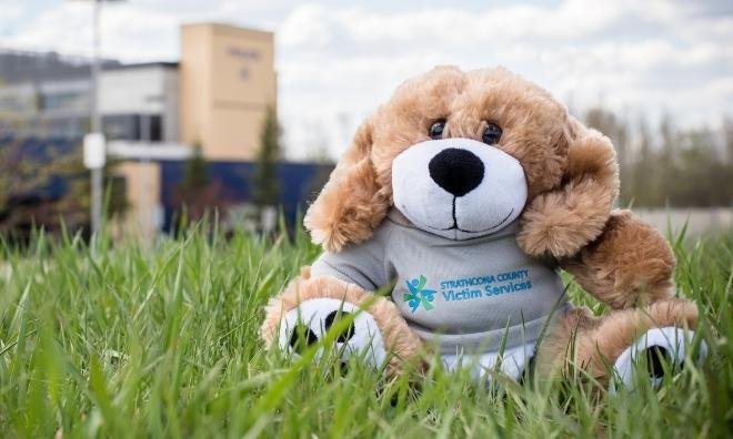 Dog Stuffy sat ontop of grassy hill outside of the Strathcona County RCMP and Enforcement Services Detachment