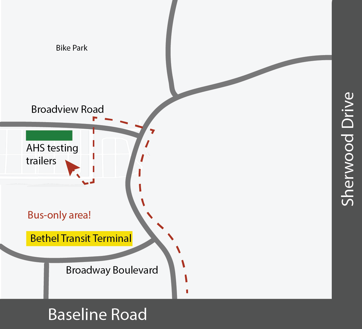 Testing site is located north of the transit terminal,  best access is through Broadview Road, the road that runs parallel to baseline, but north of the terminal