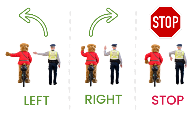 Community Peace Officer and Safety Bear showing hand signals