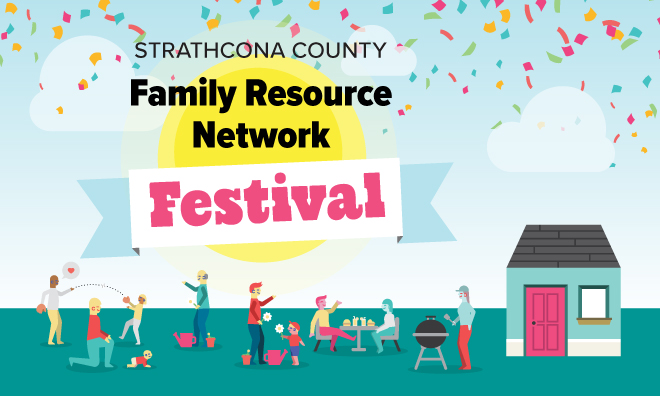 Illustrated image of families outdoors with confetti at the time; text reading "Strathcona County Family Resource Network Festival"