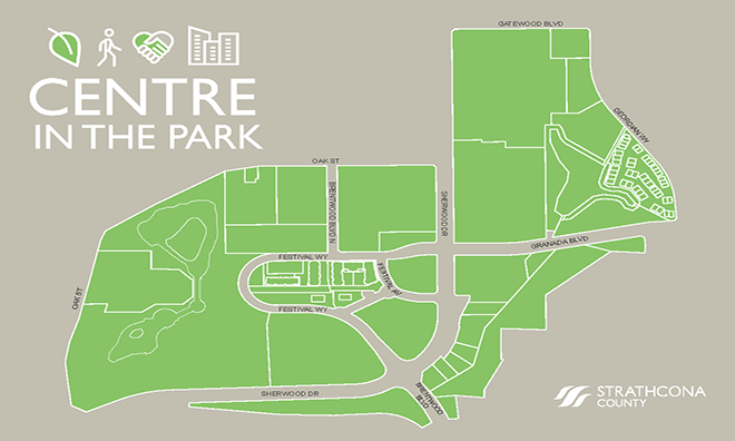 map of centre in the park including Oak Street, Sherwood Drive, Broadmoor Lake, Festival Place, the Community Centre, St. Theresa school and surrounding buildings.