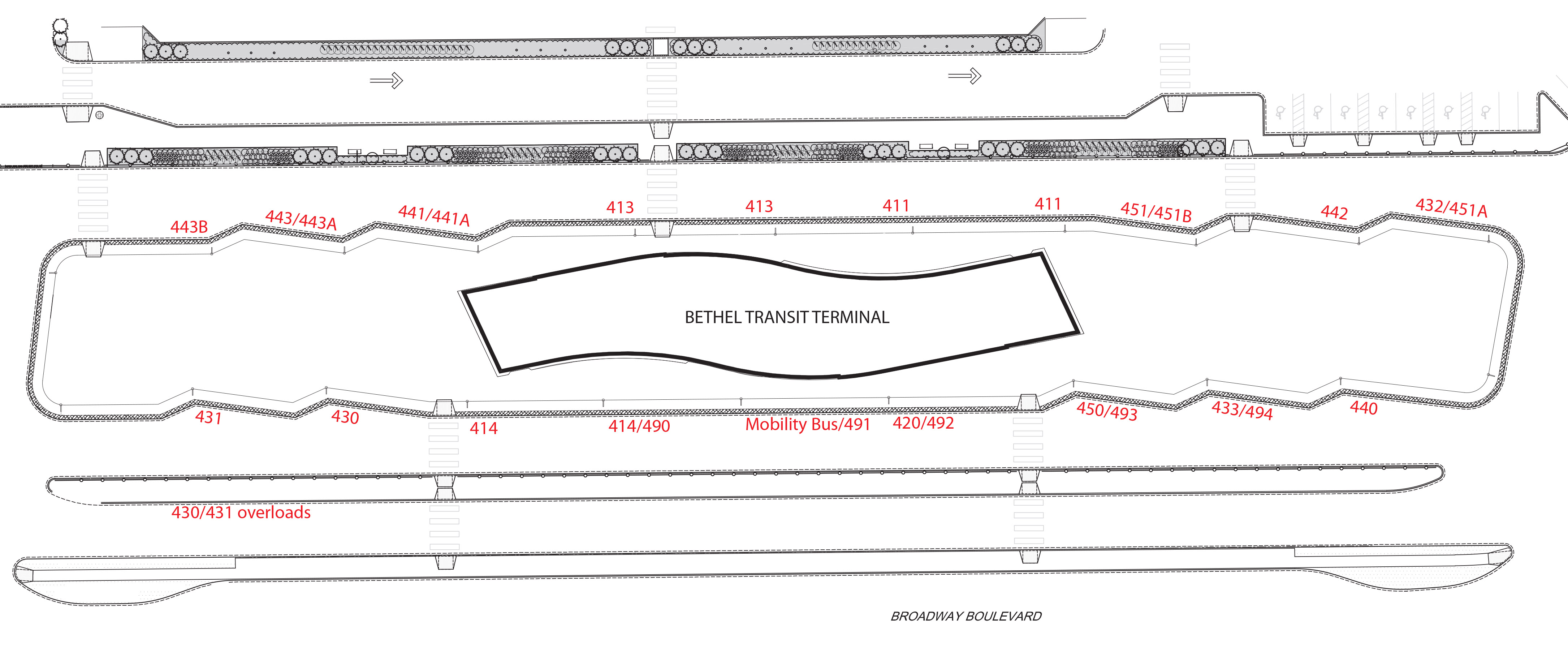 Map of Bethel Transit Terminal bays with corresponding route assignments.