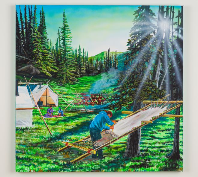 Painting of a clearing in a forest. In the foreground, a man scrapes flesh from a hide. In the background: two people sitting on a blanket on the ground, meat drying over a fire, and two wall tents.