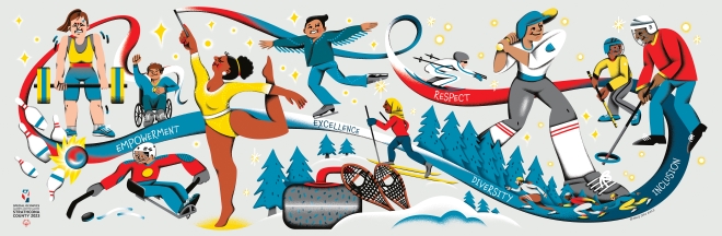 Illustration of athletes taking part in sports such as gymnastics, skiing, bowling, powerlifting, etc. Words Empowerment, Excellence, Respect, Diversity, and Inclusion (Special Olympics Alberta Values) are entwined in the illustration.