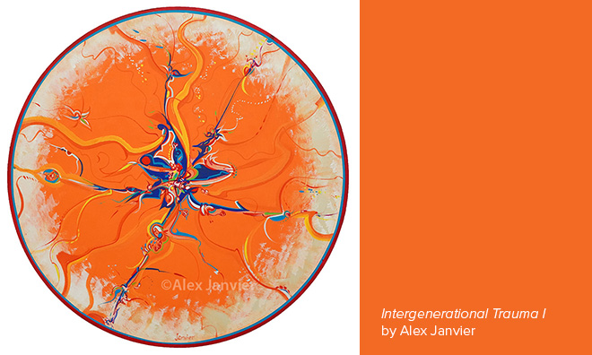 Alex Janiver artwork is shown in the shape of a circle, with orange colouring and a splash abstract style centre with blue, red and yellow colours