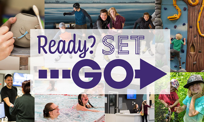 Ready? Set... Go! Recreation Online graphic with collage of images including fitness classes, art classes, and customer service interactions.