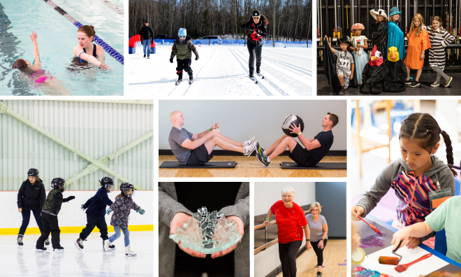 An assortment of programs are shown in a collage. This includes skating, swimming, skiing, drawing and a group fitness class.