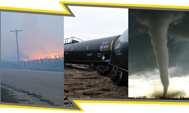 wildfire, rail crash, tornado