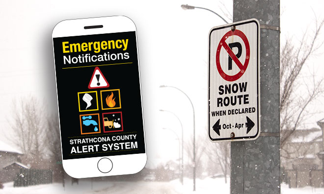 Image of a snow route parking ban sign beside a phone with the SC Alerts logo on it