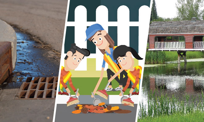 Image of a storm drain on a road, an illustrated family cleaning a drain and a stormwater pond.