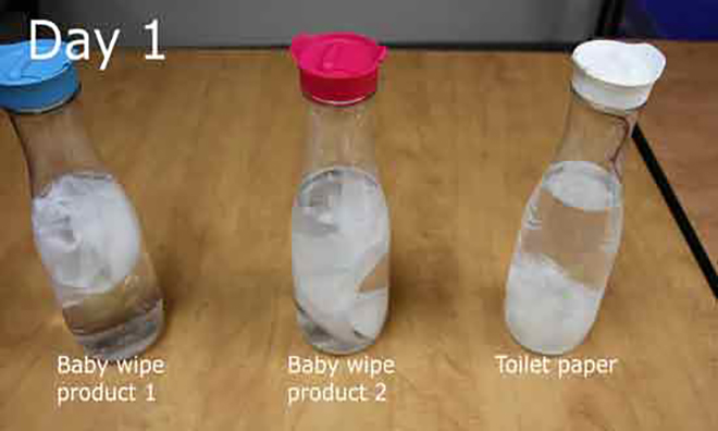 Experiment with bottles: day one. Baby wipes in first two bottles and toilet paper in third bottle, all intact.